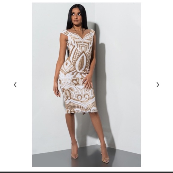 Akira NWOT off the shoulder midi Art Deco sequin dress - Picture 1 of 6